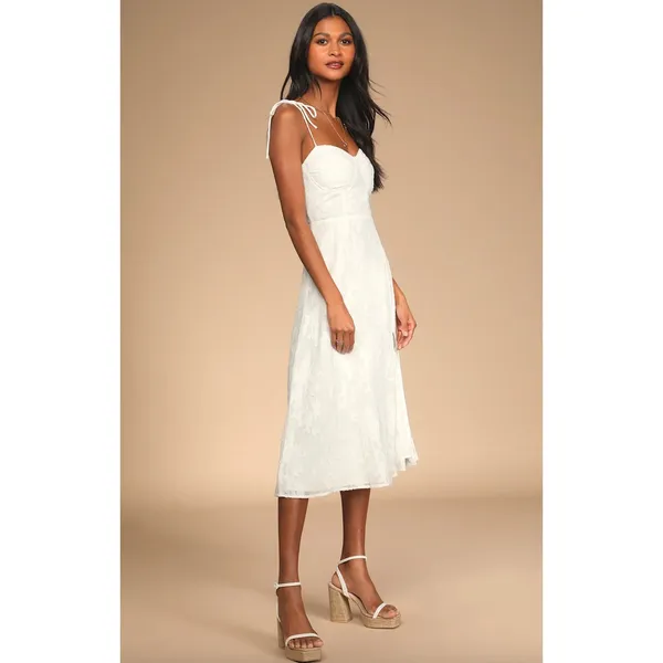 Lulus Loveliest Looks White Floral Jacquard Tie-Strap Midi Dress Medium NWT - Image 4