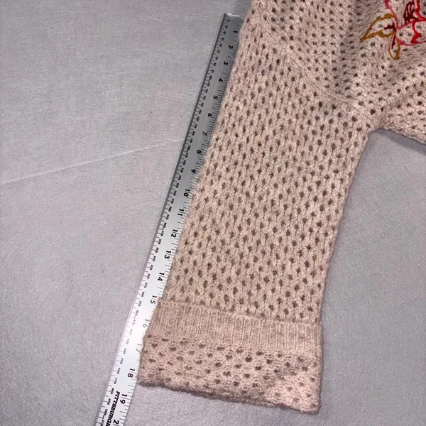 Democracy Womens Large Floral Embroidered Pointelle Knit Sweater Beige - Image 7