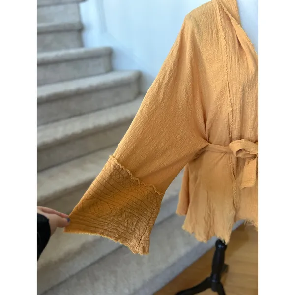 Urban Mango Boho Light Orange Raw Hem Embroidered Tie Waist Kimono - Image 8