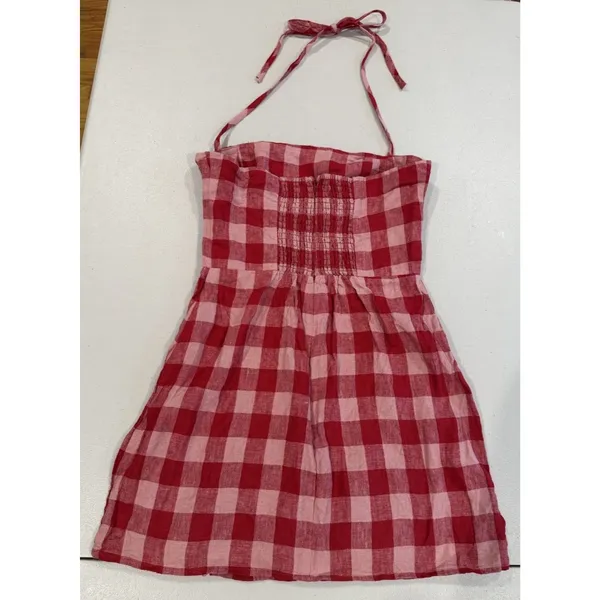 Reformation Halter Plaid Mini Dress 4 Red 100% Linen Festival Travel Vacation - Image 2