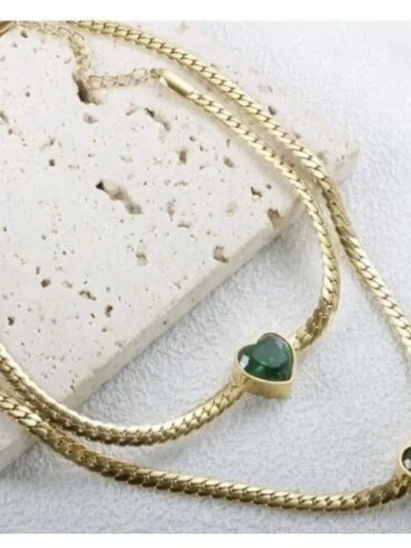 18K Gold Plated Green Heart snake chain Necklace Stainless Steel womens jewelry - Image 7