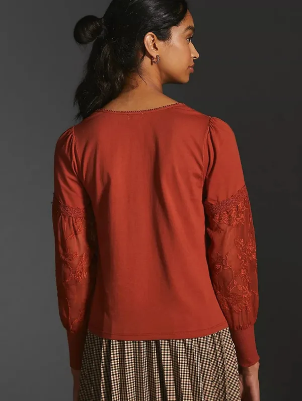 Anthropologie Tiny Noah Embroidered Lace Blouse Burnt Orange XS - Image 2