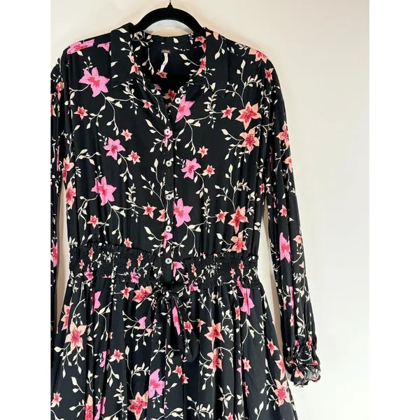 Free People Womens Dress Black Lighten Up Floral Mini Shirtdress Boho Size Small - Image 8