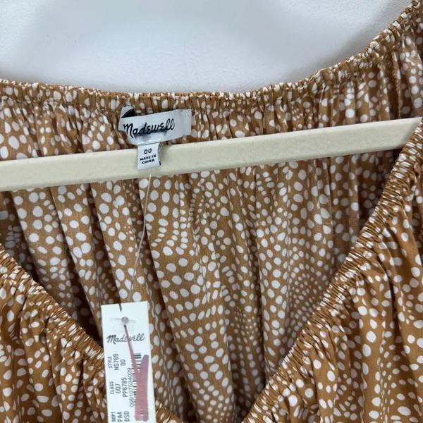 Madewell V Neck Balloon Sleeve Maxi Dress Spiral Dot Tan Smocked Boho US 00 NWT - Image 9