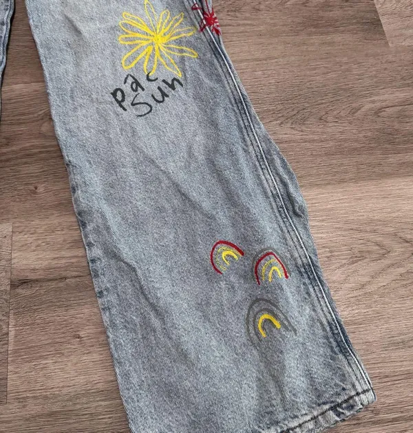 Pacsun Baggy Jean 26 Painted Denim Paint Flower Rainbow Sun Eye Button Fly - Image 2