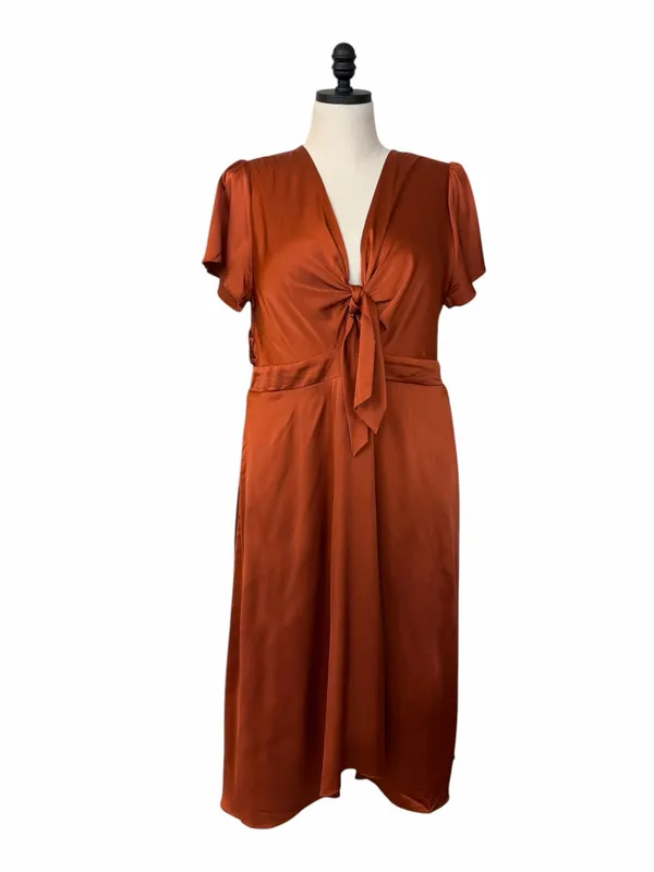 Baltic Born Poppy Satin Midi Dress Size XXL Rust Tie Front Stretch Wedding Guest - Image 2