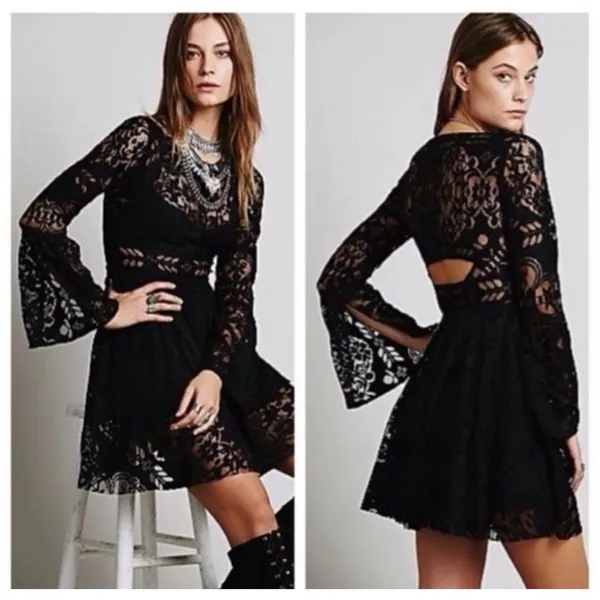 Free People Lovers Folk Song Dress Size 2 Black Lace Bell Sleeve Cutout Back - Image 2