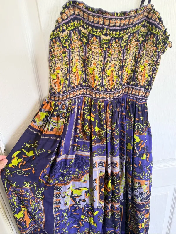 Anthropologie Bohemian Purple Printed Smocked Maxi Dress - Image 4