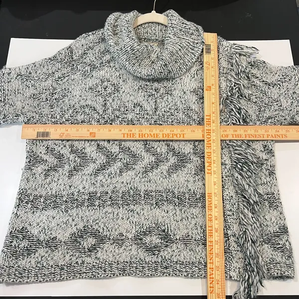 Lucky Brand Sweater Women's XL Green White Cowl Neck Aztec Fringe Wool Blend - Image 9