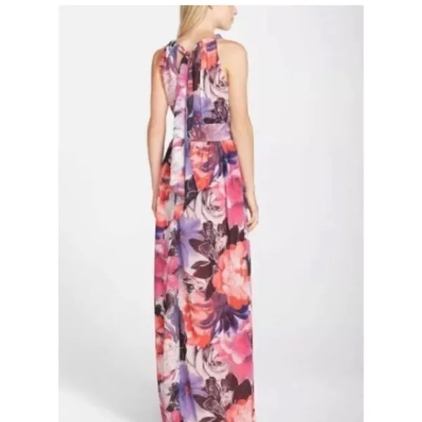 Womens Eliza J Floral Pastel Watercolor Chiffon High Neck Halter Maxi Dress - 2 - Image 2