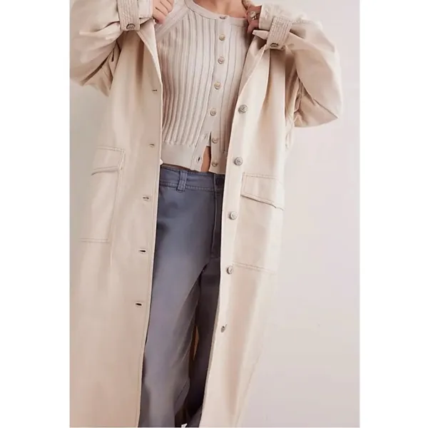 Free People Perry Military Duster Trench Coat in French Oat Grunge Denim Medium - Image 7