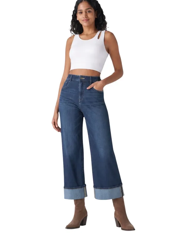 Halara Flex High Waisted Pockets Rolled Hem Wide Leg Washed Casual Jeans Size XS - Image 14