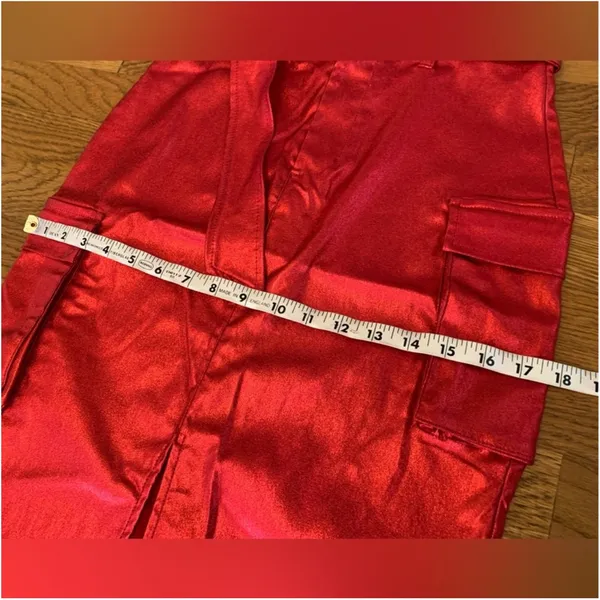 Metallic red strapless midi dress featuring a matching belt and a front slit - Image 10