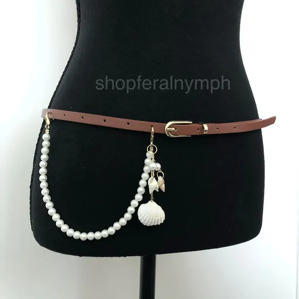 Mermaidcore Brown Faux Leather Pearl Shell Belt, Fits 32.5–35 Inches, X7GA1230 - Image 4