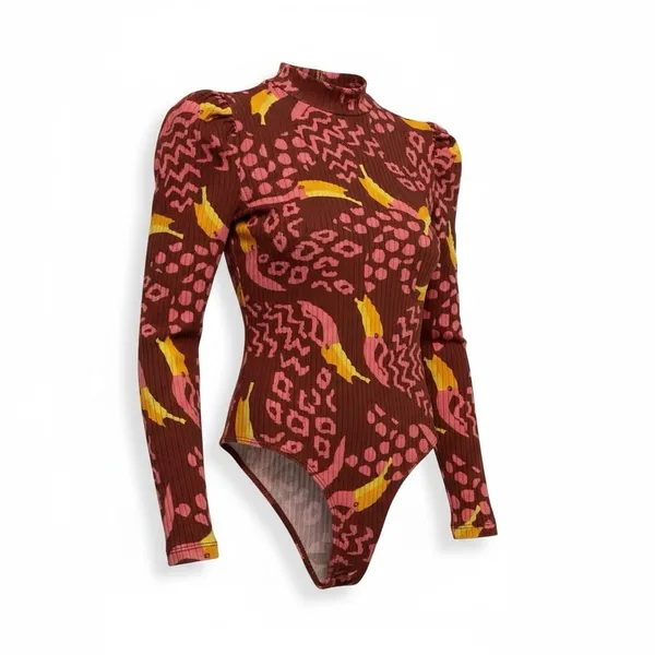 Farm Rio Toucanissimo Long Sleeve Stretch Cotton Bodysuit Size S‎ Burgundy - Image 5
