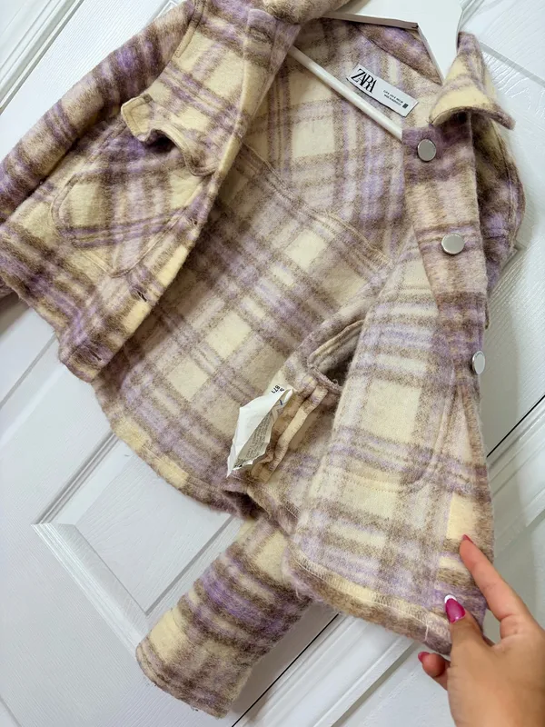 Zara Cream Purple Plaid Cropped Shacket Jacket Size S Fuzzy Cozy Fall Layer Preppy - Image 8
