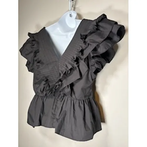 Entro Black Ruffled Peplum Top V-Neck Smocked Pleated‎ Blouse Size Large Chic - Image 5