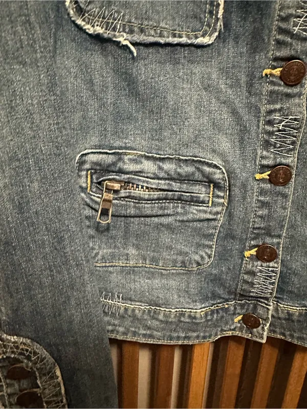Blue Asphalt Vintage Denim Jacket Large Embroidered Flower Plaid Trim Y2K Cut - Image 4