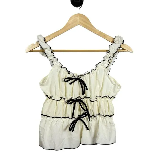 Sugarkiss Women’s Contrast Trim Ruffle Bow Top Ivory/Black Size L - Image 8