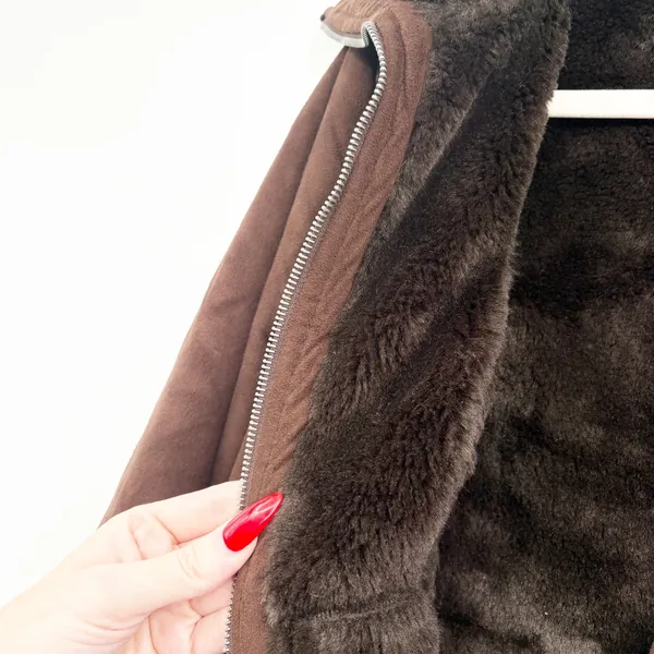 Sisley Womens Brown Faux Suede Fur Lined Aviator Cabin Rustic Jacket Size 42 - Image 5