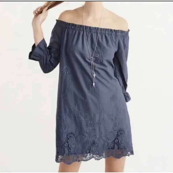 Abercrombie &‎ Fitch Off the Shoulder Blue Embroidered Loose Fit Dress Small - Image 3