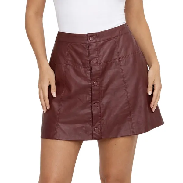 Free People Maisie Vegan Mini Skirt Brown Faux Leather Button Front Size 12 - Image 7