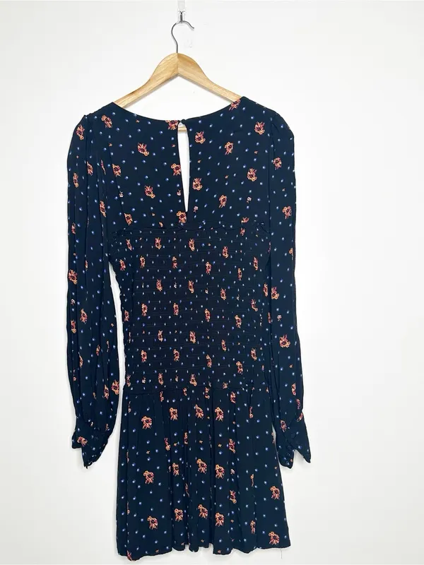 Free People Two Faces Smocked Mini Dress Black Floral Long Sleeve Large - Image 4