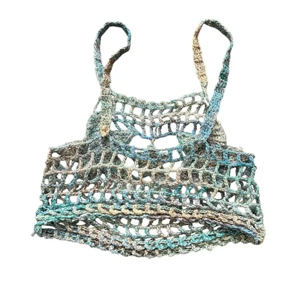 Handmade Crochet Knit Star Pattern Crop Tank Top Swim Cover Multicolor Blue Yellow - Image 2