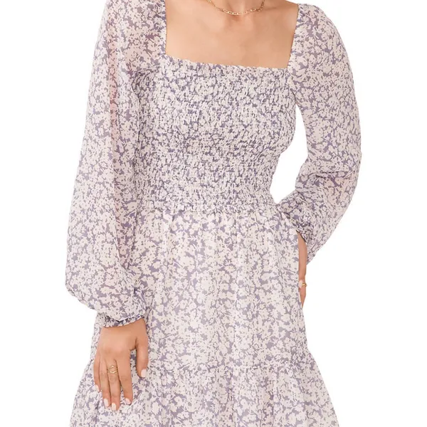 NWT 1.State Purple Floral Long Blouson Sleeve Smocked Ruffle Hem Dress - Image 7