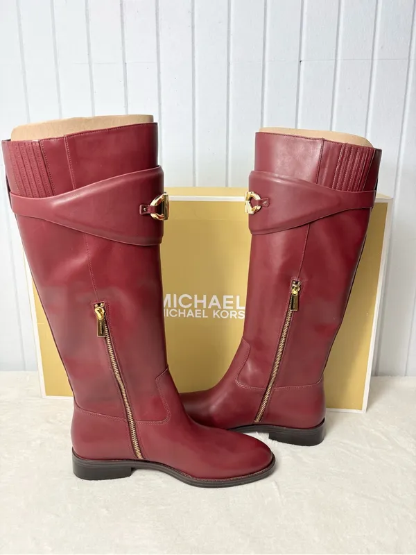 Michael Kors Izzy Tall Leather Riding Boots Dark Berry Color with Gold MK Accent - Image 7