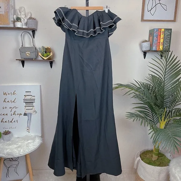 C/meo Affinity Ruffle Contrast Topstitch Maxi Gown Dress Black Size M - Image 2