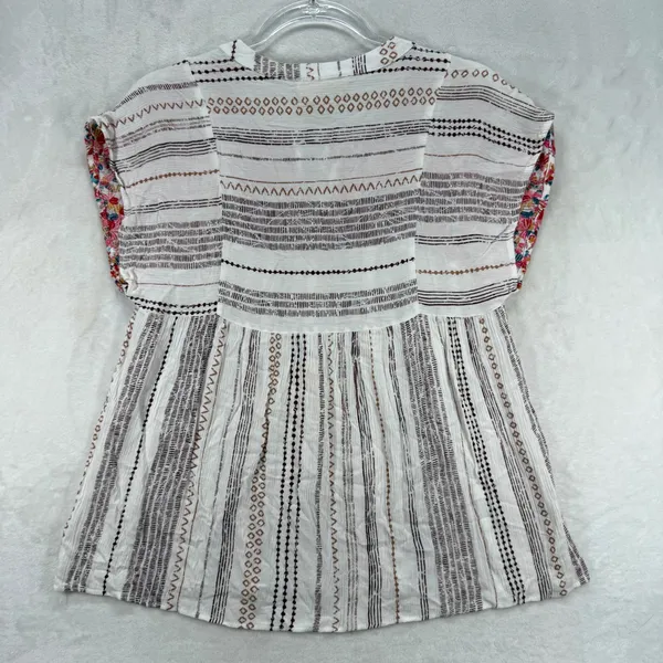 Savanna Jane Floral Peasant Top Boho Tunic Tie Neck‎ White Brown Size S - Image 6