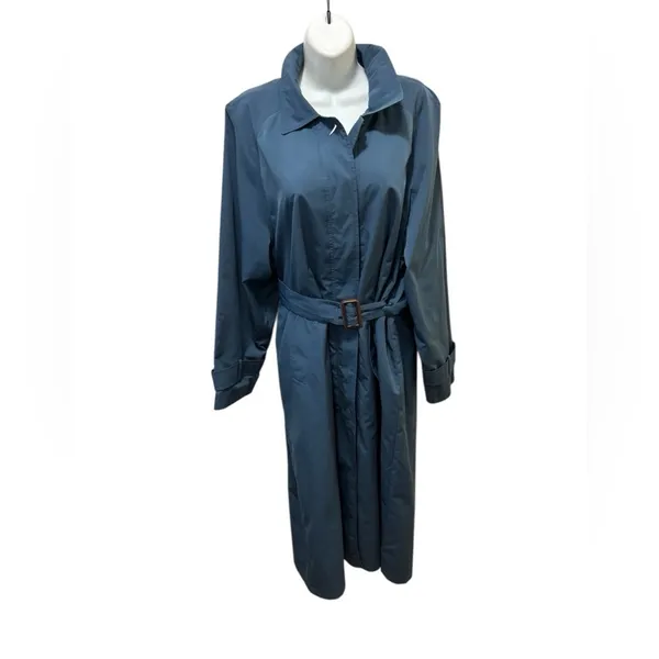 VTG L.L. Bean Traveler Belted Rain Trench Coat Dusty Blue Sz M Pockets Academia - Image 2