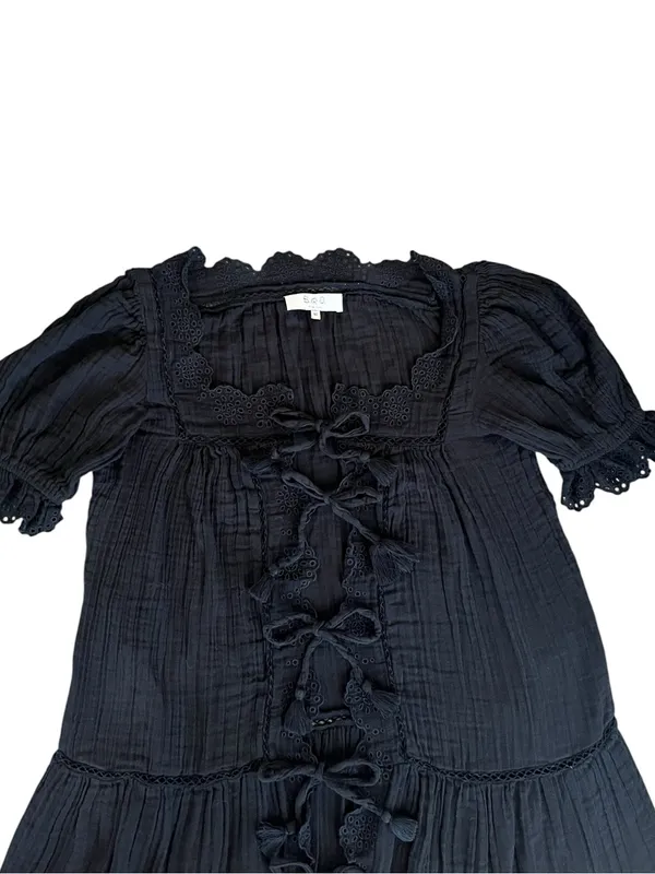 Sea New York Women’s Mae Short Sleeve Coverup Tie Front Black Cotton Mini Dress - Image 3