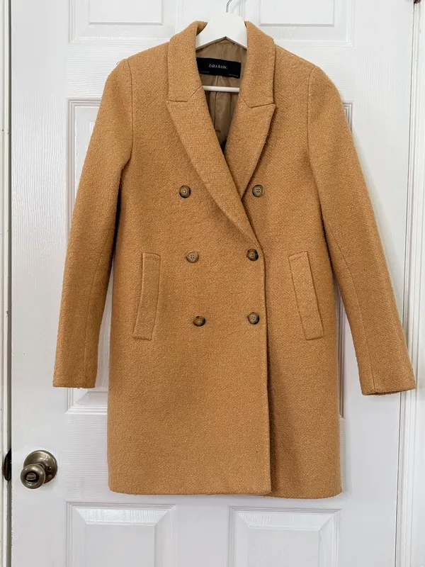 ZARA Basic Women’s XS Camel Double Breasted Long Coat Quiet Luxury Classic Chic - Image 2