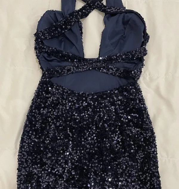 Juniors Navy Blue Sequin Halter Dress - New - Image 2