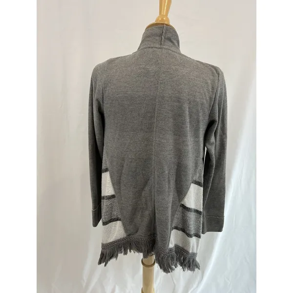 Saturday/Sunday Anthropologie‎ Cardigan Sweater XS Gray White Elise Open Fringe - Image 4