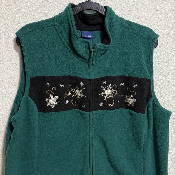 Basic‎ Editions Green Fleece Vest Snowflake Embroidery Zip Up Collar Winter XL - Image 4