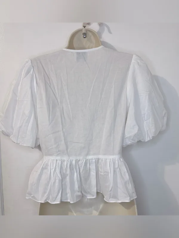 Playa Lucila White Puff Sleeve Peplum Tie Front Blouse S - Image 6