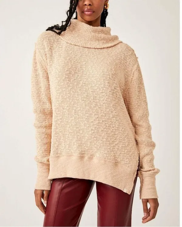 Free People We The Free Tommy Turtleneck Textured Sweater Toasted Almond Beige M - Image 4