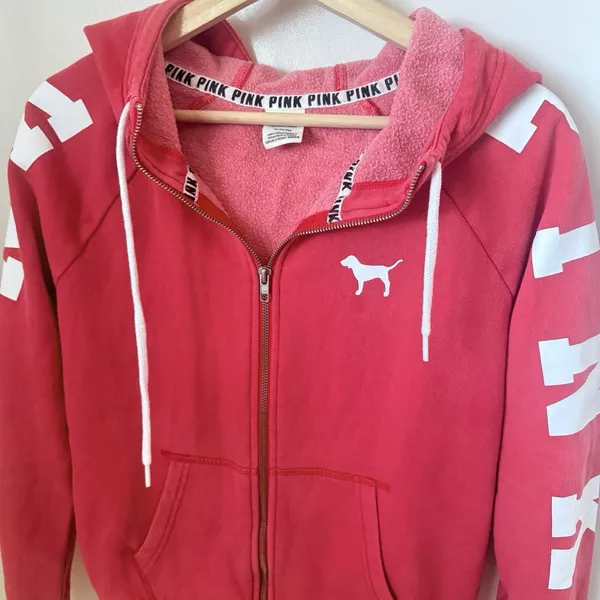 Victoria's Secret Pink Fleece Campus Zip Up Hoodie Pink Distressed Sunwashed M - Image 5