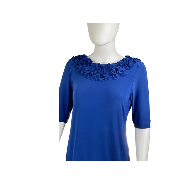 TAYLOR Navy Blue Shift Dress Polyester Short Sleeve Rosette Collar Detail Sz 6‎ - Image 3