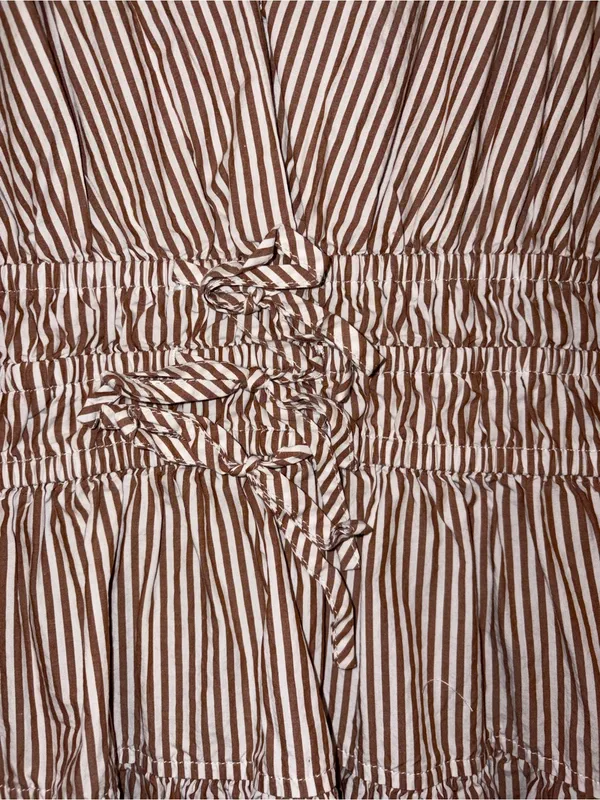 Nicole Miller Brown White Striped V-Neck Tiered Romper Dress Cap Sleeve Smocked - Image 6