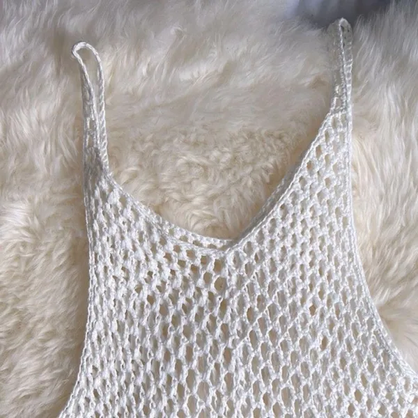 White Bohemian Crochet Knit Sheer Beach Cotton Cover Up Shirt Dress S M … - Image 8