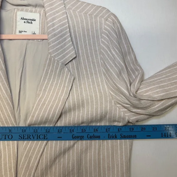 Abercrombie &‎ Fitch Womens L Tan White Striped Linen Blend Open Front Blazer - Image 8