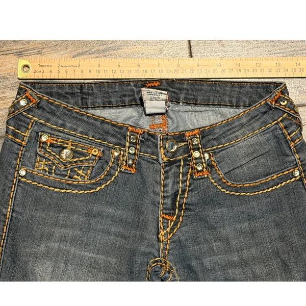 True Religion Joey Super T Straight Leg Jeans Orange‎ Yellow Stitch BLING Y2K 26 - Image 7