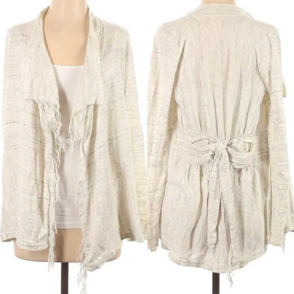 FREE PEOPLE FP Take a Bow Cardigan Oatmeal Cream Fringe Bow Detail Boho Sweater - Image 3