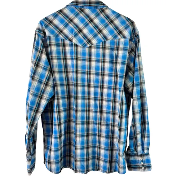 Wrangler Western Snap Shirt Plaid Long Sleeve Cowboy Blue White‎ Silver Treaded - Image 2