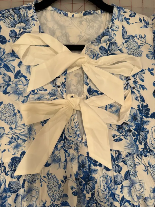 Amazon Blue and White Floral Mini Dress with Bow Detail - Image 3