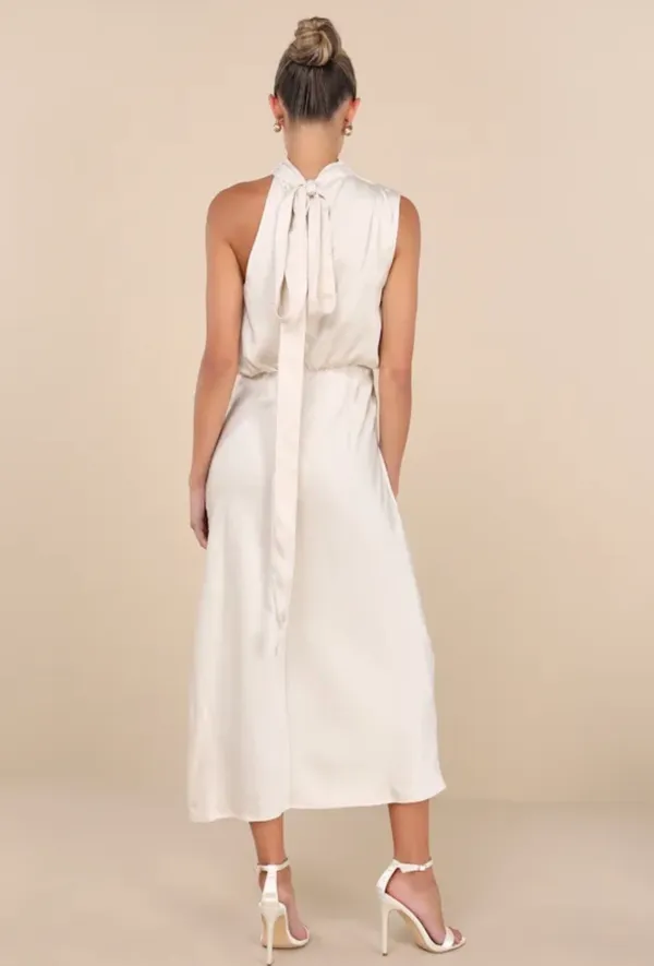 Lulus Champagne Crinkle Satin Mock Neck Sleeveless Midi Dress - Image 3